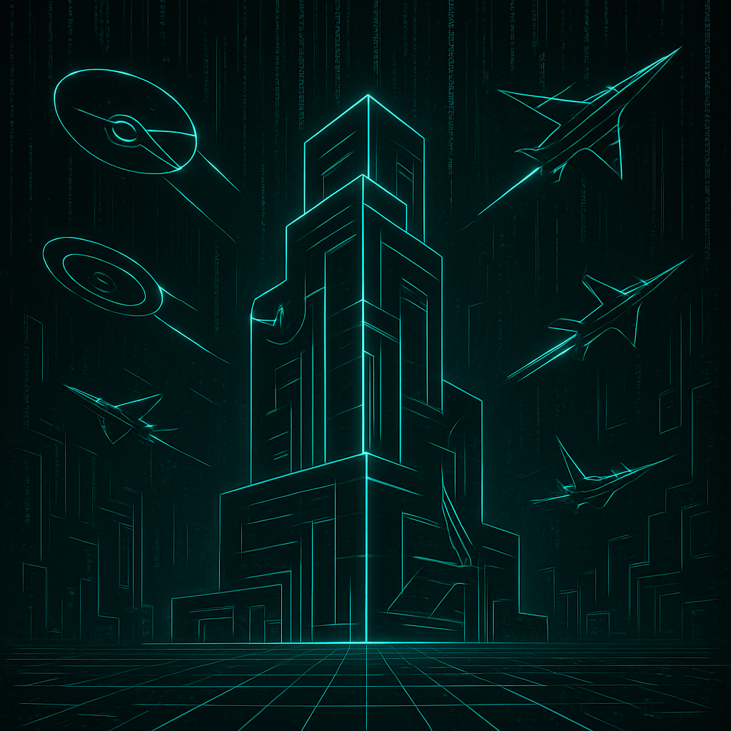 Neon fortress under aerial siege by drones and satellites, representing internet-facing infrastructure as a first-class attack surface